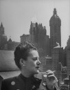 NY Post Financial Columnist Sylvia Porter, relaxing on the terrace of her apt.
