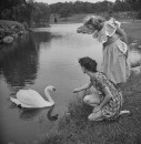 Two fashion models feeding a duck while modelling new cotton dresses.