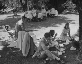 Debutantes attending Sally Wyman's breakfast lawn party.