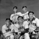 (L-R) Pitchers Jim Baghy, Hi Bithorn, Hugh Mulcahy, Rip Sewell and Ernie Bonham posing for photograph.