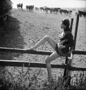 Lucille Barnes sitting on wooden fence in "Two Guyes From Texas."