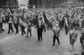 Parade of World War II vets in Paris demonstrating against Charles de Gaulle.
