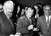 Soviet cosmonaut Yuri Gagarin (C) and others attending International Space Conference.