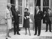 French Premier (R), as host at luncheon for Konrad Adenauer (L), during his visit to Paris.