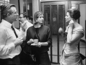 Co-producer Lars Schmidt (L, Fore), Jenny Ann Lundstrrom (C), and Ingrid Bergman (R), taking a break in the tea lounge of BBC's TV center.