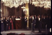 French Presidential Inauguration ceremonies of Charles de Gaulle in the Salle des Fetes, Elysee Palace as Rene Coty looks on.