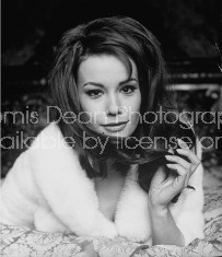 Actress Claudine Auger clad in a white fur jacket, posing sexily on bed in room at the Chateau d'Anet, the location for filming the movie "Thunderball".