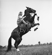 A woman sitting on a horse while it stands on two legs.