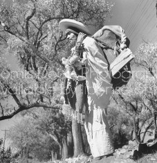 A man carrying a load of cut wood on his back to market, flowers strapped to his arm.