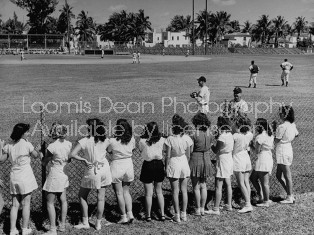 Girls from Miami Beach High School gym class watching Pirates work out.