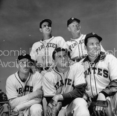 (L-R) Pitchers Jim Baghy, Hi Bithorn, Hugh Mulcahy, Rip Sewell and Ernie Bonham posing for photograph.