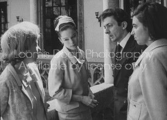 (L to R) Spanish Duchess of Alba, talking with Geraldine Chaplin, daughter of Charlie Chaplin, Marquis de Larrain, and Lola Vazquez, guests in Duchess seville palace.