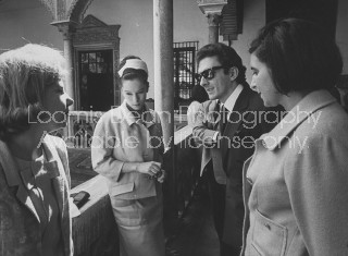 (L to R) Spainish Duchess of Alba, talking with Geraldine Chaplin, daughter of Charlie Chaplin, Marquis de Larrain, and Lola Vazquez, guests in Duchess seville palace.