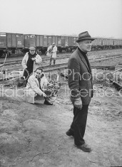 United artist special effects man Lee Zavitz (Fore), on location for explosion scene in film "The Train".