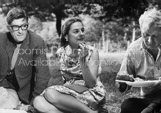 Novelist and author Mary McCarthy (C) hosting a picnic attended by poet Stephen Spender (R) and Jack Downie.