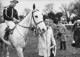 Actor Gregory Peck's horse, "Owen's Sedge", during running of Grand National race, with Gregory Peck and his wife in the background (R, rear).