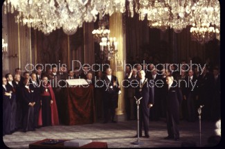 French Presidential Inauguration ceremonies of Charles de Gaulle in the Salle des Fetes, Elysee Palace as Rene Coty looks on.